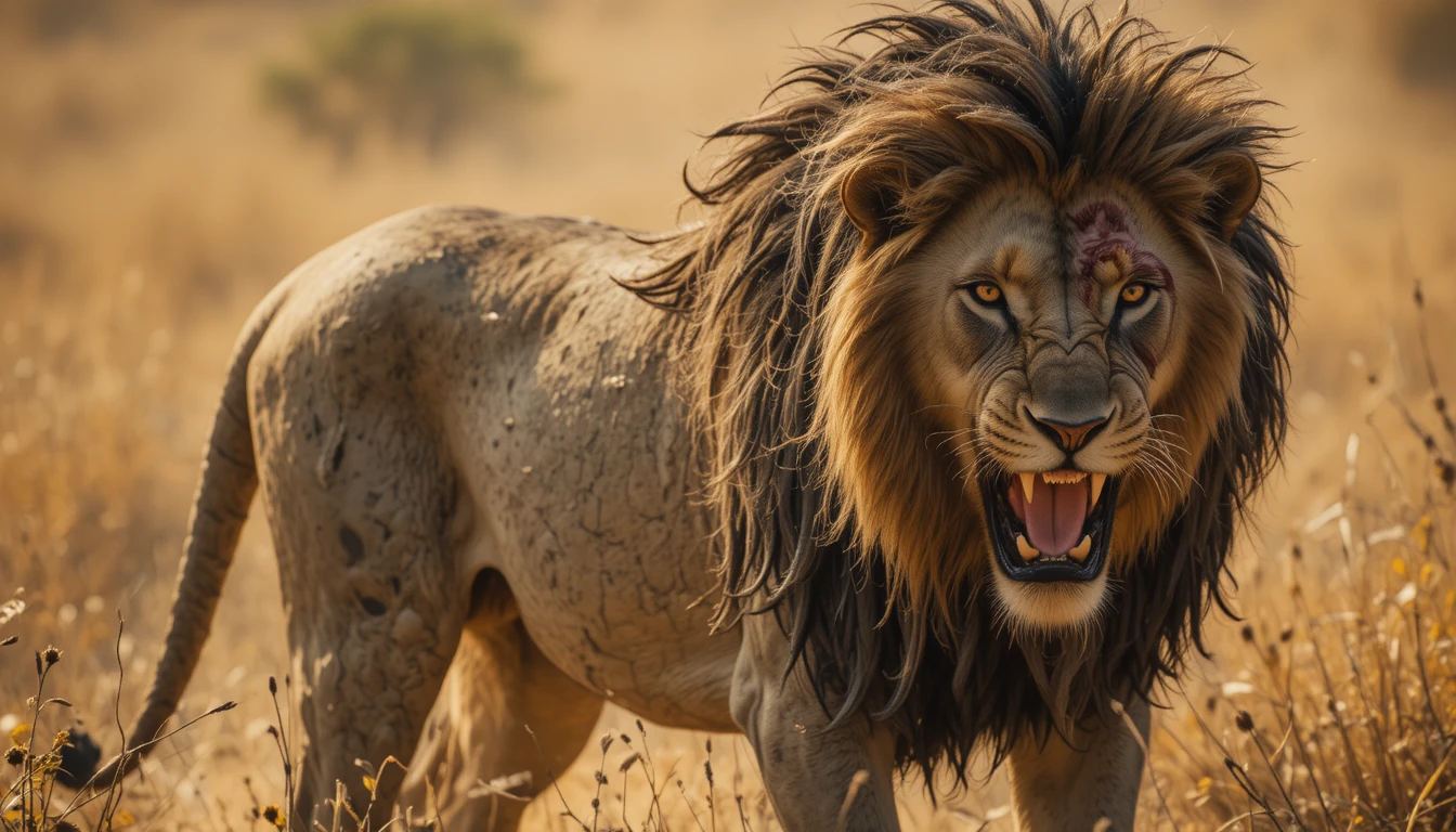 Lion marqué par les combats marchant à travers l’herbe sèche de la savane africaine