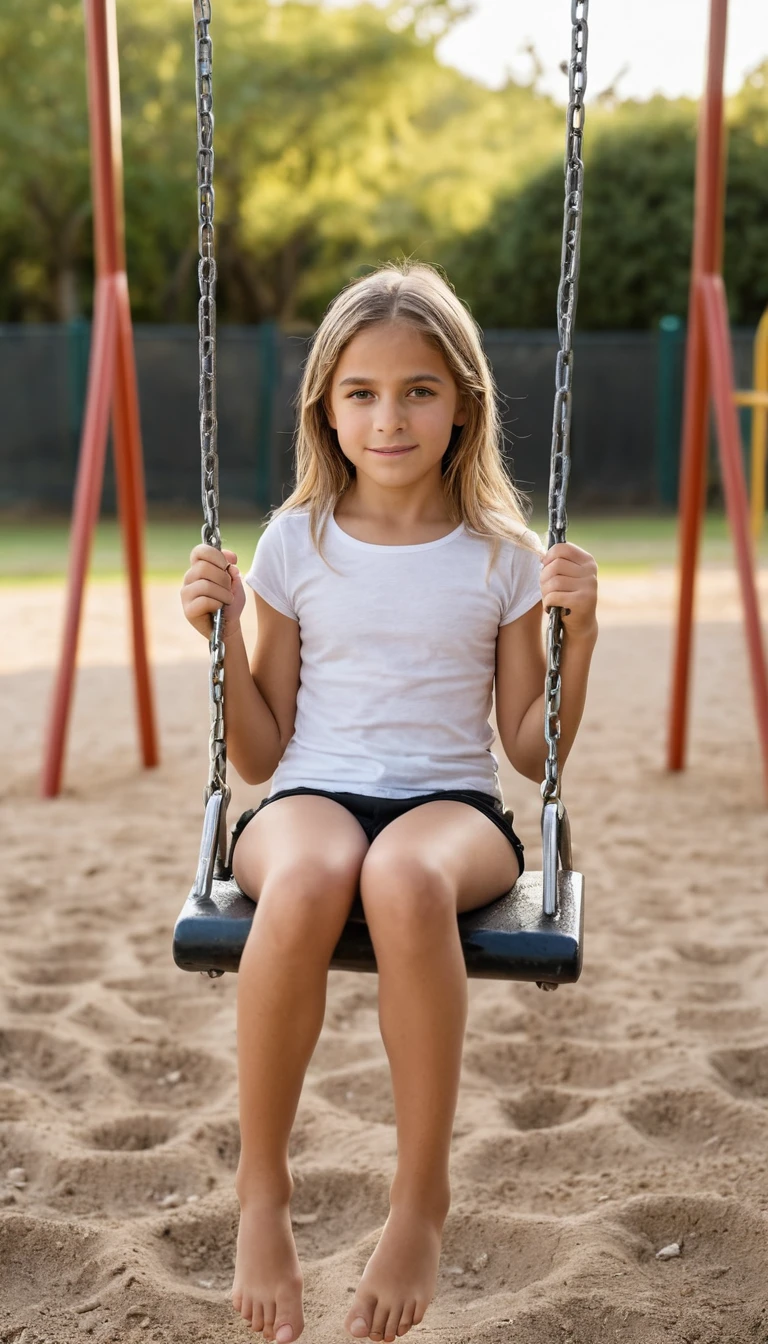 Junges Mädchen sitzt auf einer Schaukel in einem ruhigen Spielplatz