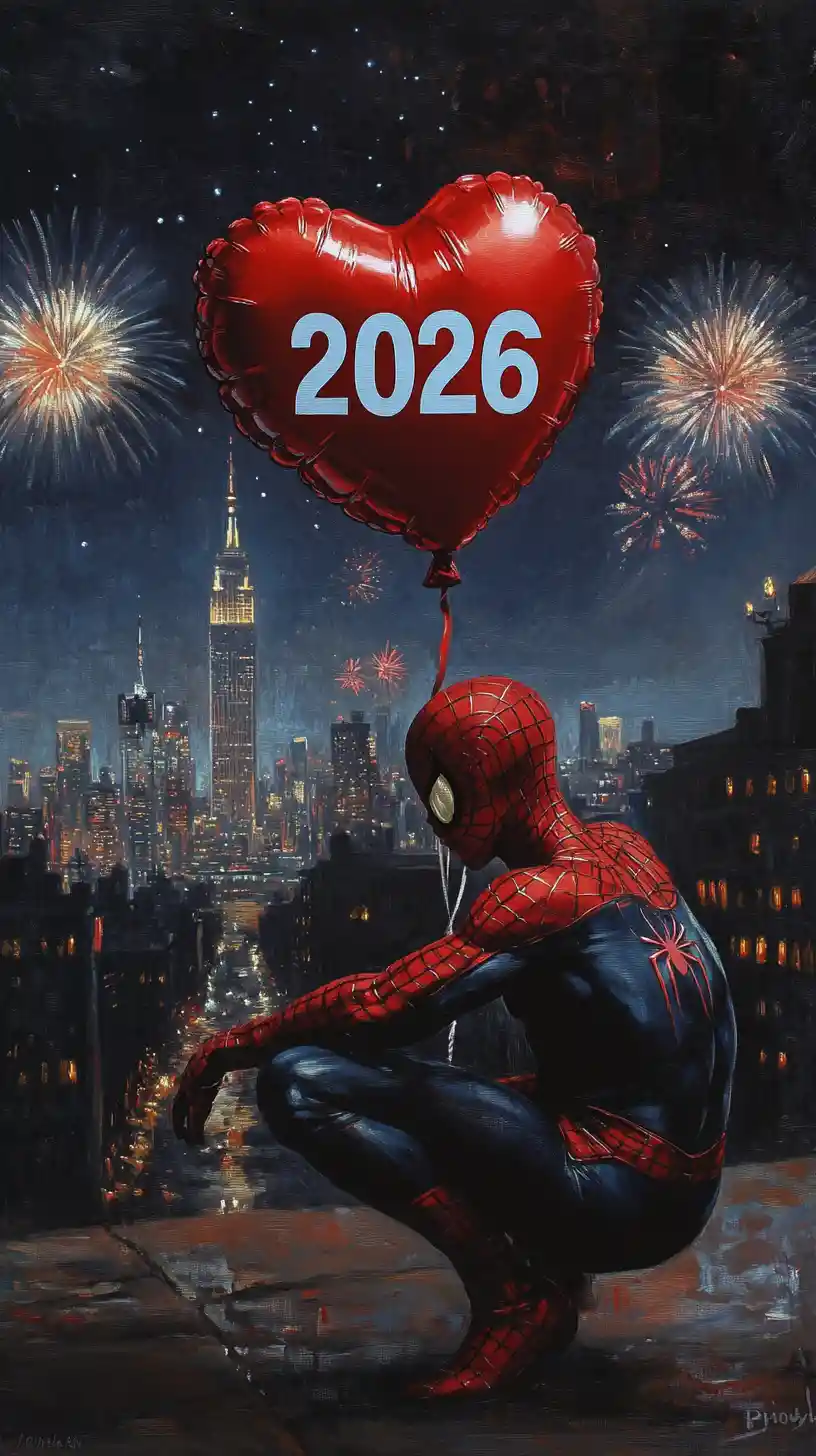 Supereroe con Palloncino a Cuore 2026 sopra la Notte di New York