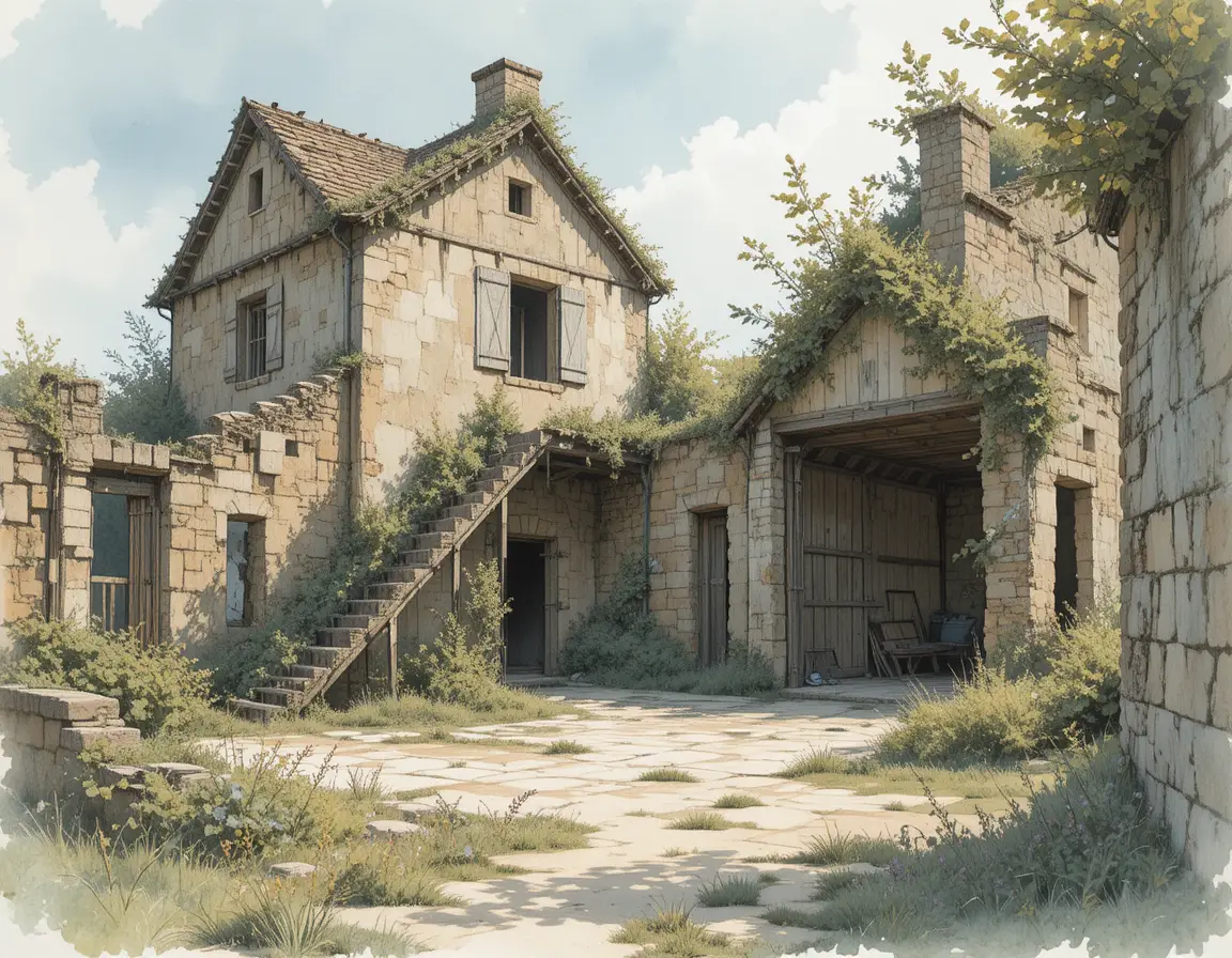 Old farmhouse rooms above ruined barn and cowshed