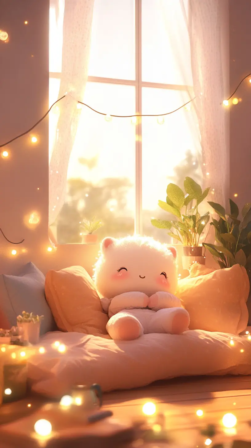 Ragazza kawaii che si rilassa con cuscini e luci fatate