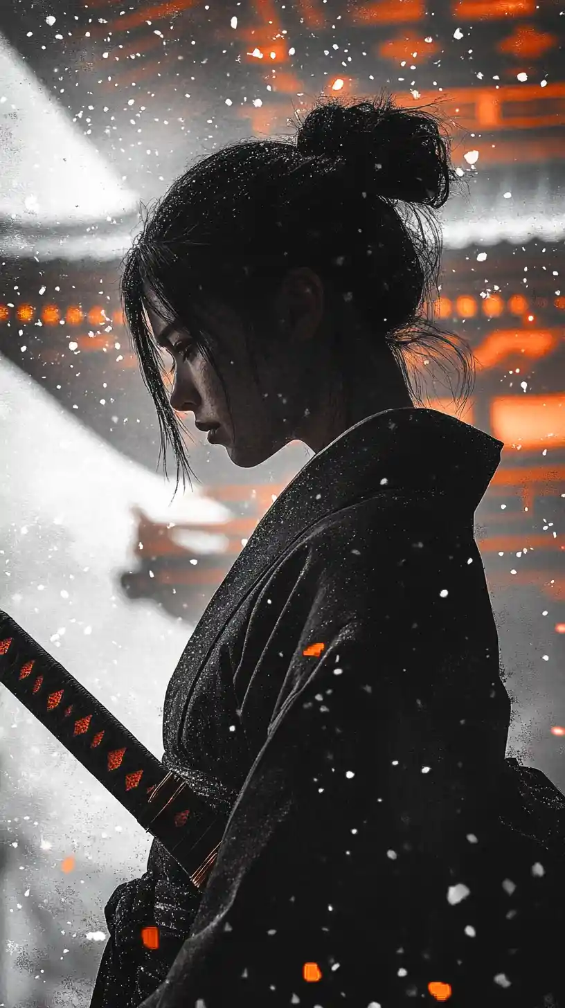 守護白雪覆蓋日本寺廟的冷靜女武士