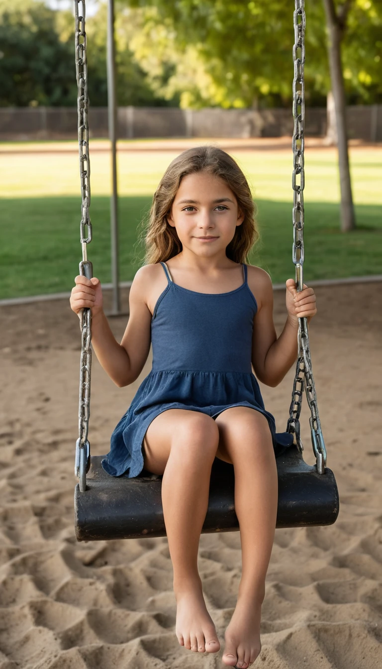 Junges Mädchen sitzt auf einer Schaukel auf einem sonnigen Spielplatz