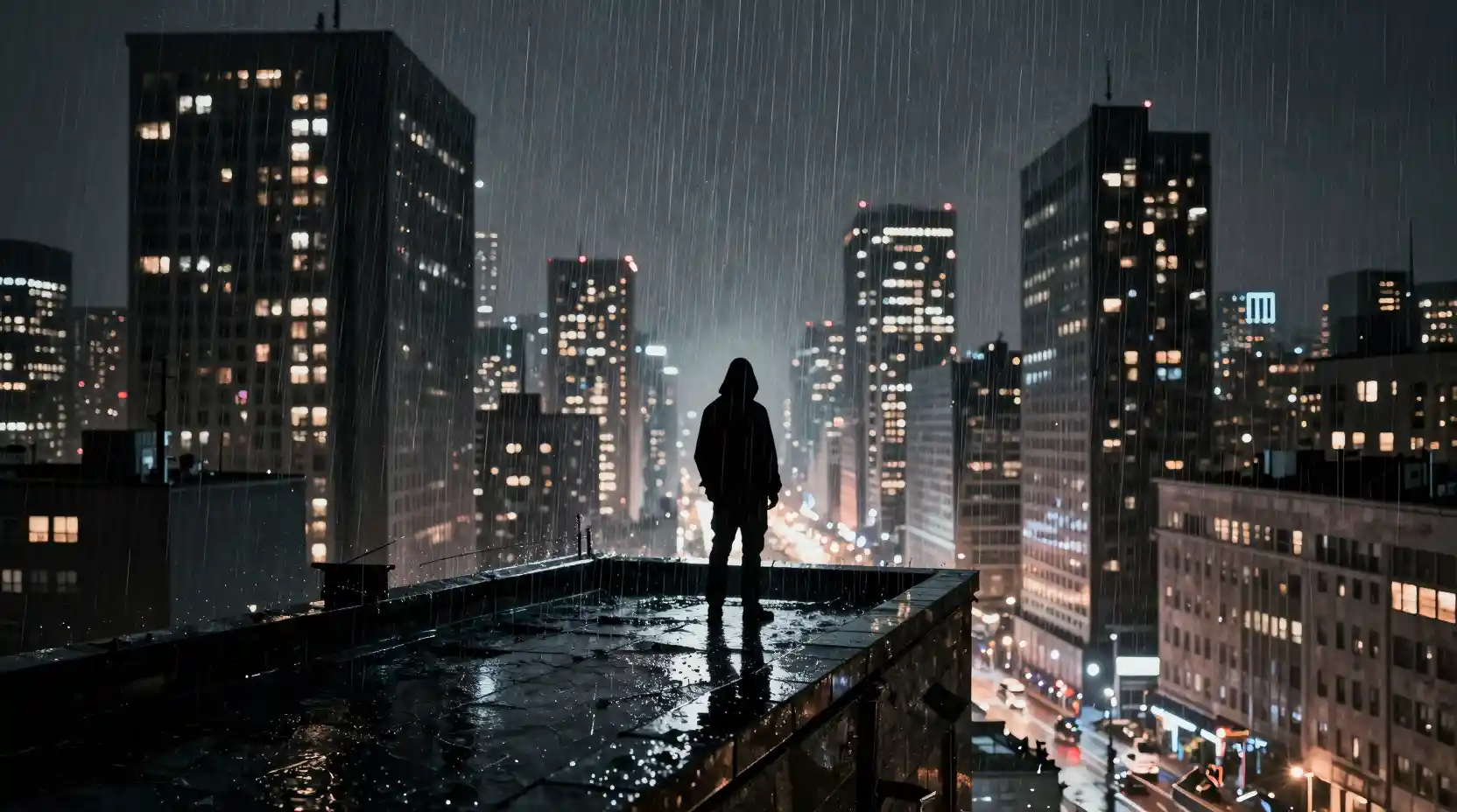 Figura encapuchada en una azotea sobre ciudad neón bajo la lluvia
