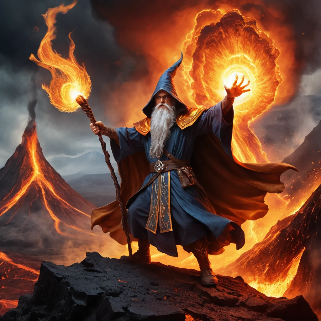 Mago lanzando un hechizo de fuego ante un volcán en erupción