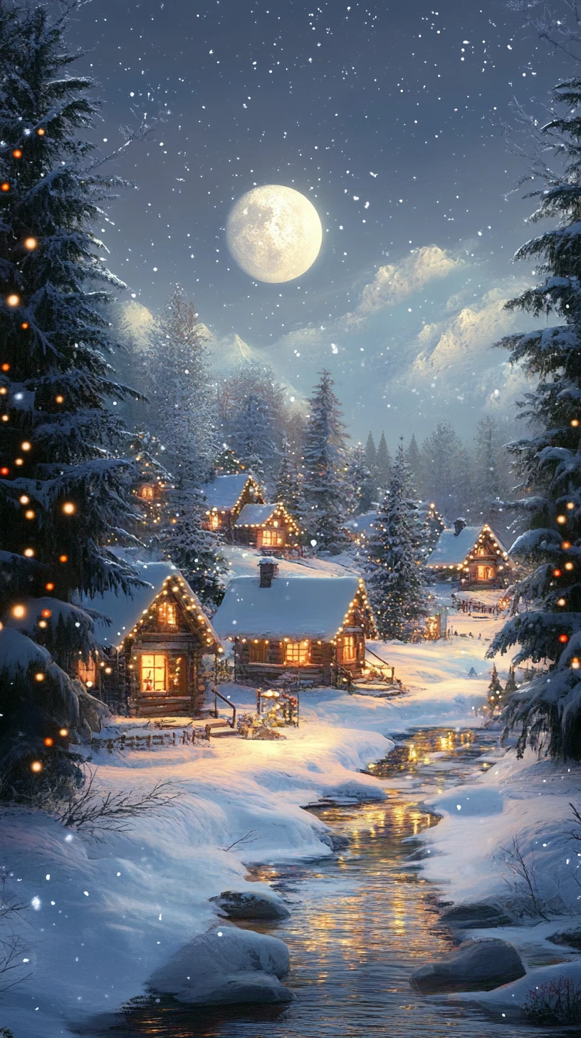 Gemütliches, schneebedecktes Dorf unter einem leuchtenden Wintermond