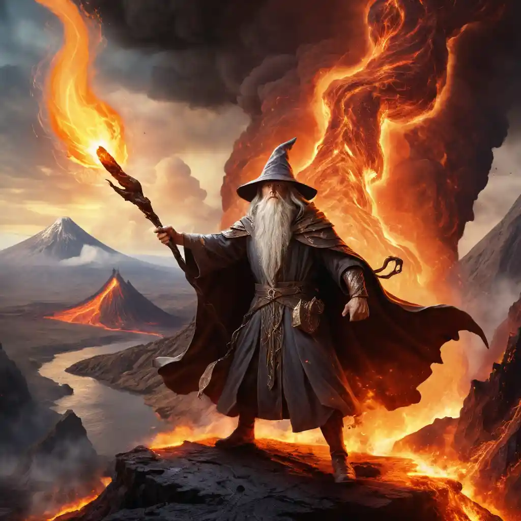 火山爆發前施放炙熱火焰咒語的魔法師