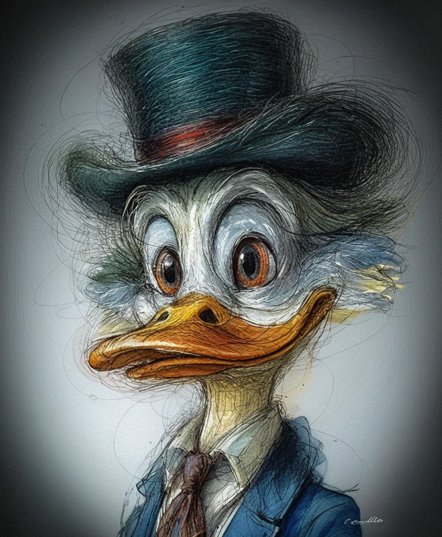 Retrato Melancólico de Pato em Nanquim e Aquarela