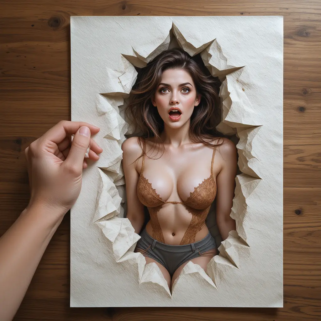 Frau, die aus einer Buntstiftzeichnung auf strukturiertem Papier hervortritt