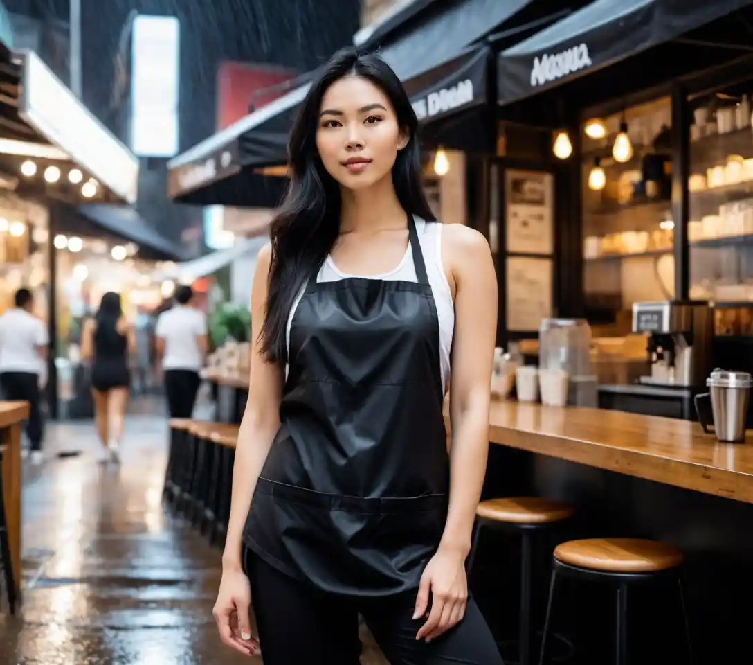 Vietnamese barista woman in sporty outfit at modern cafe
