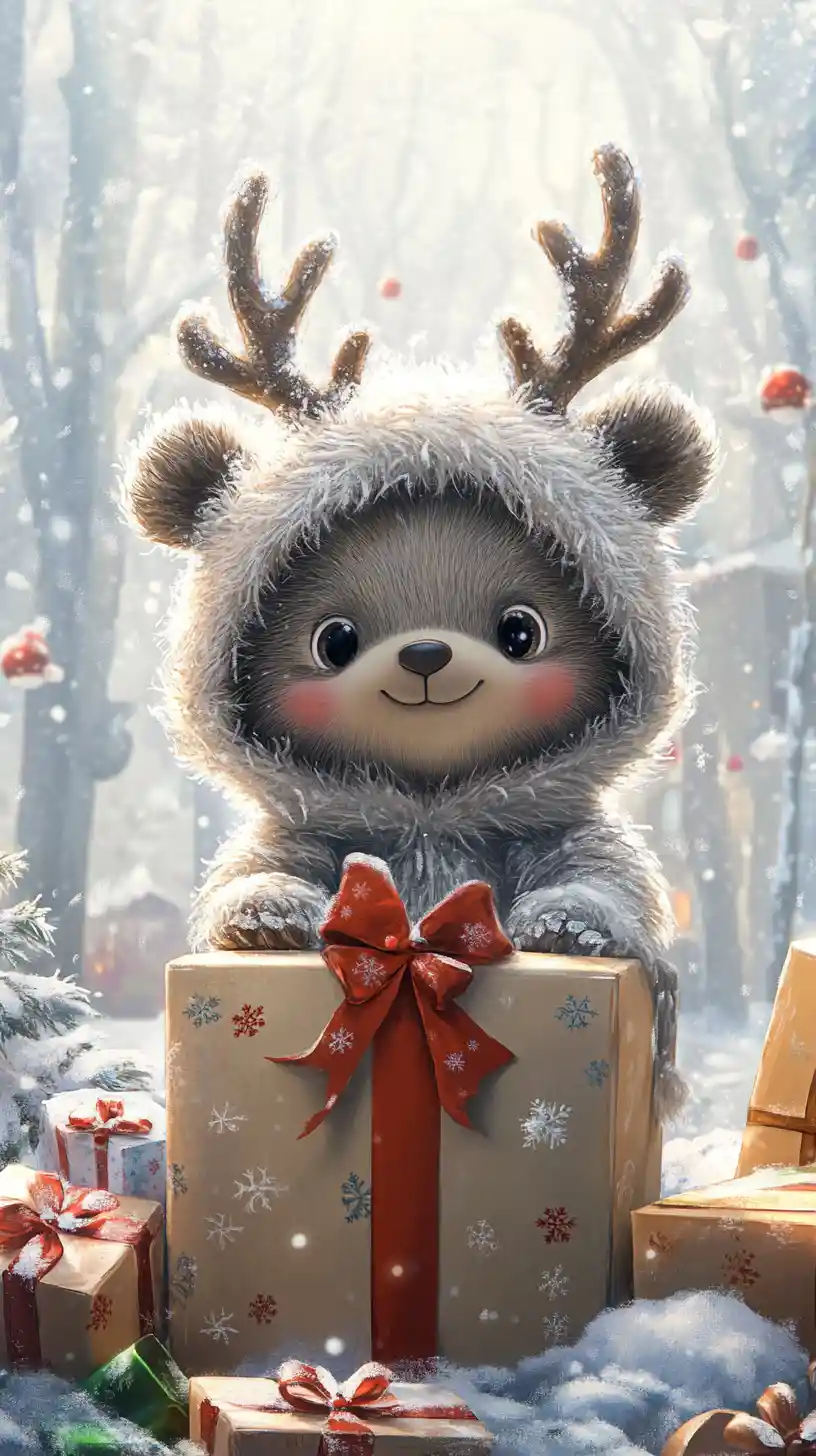 Cute bear creature in reindeer costume falling among gifts