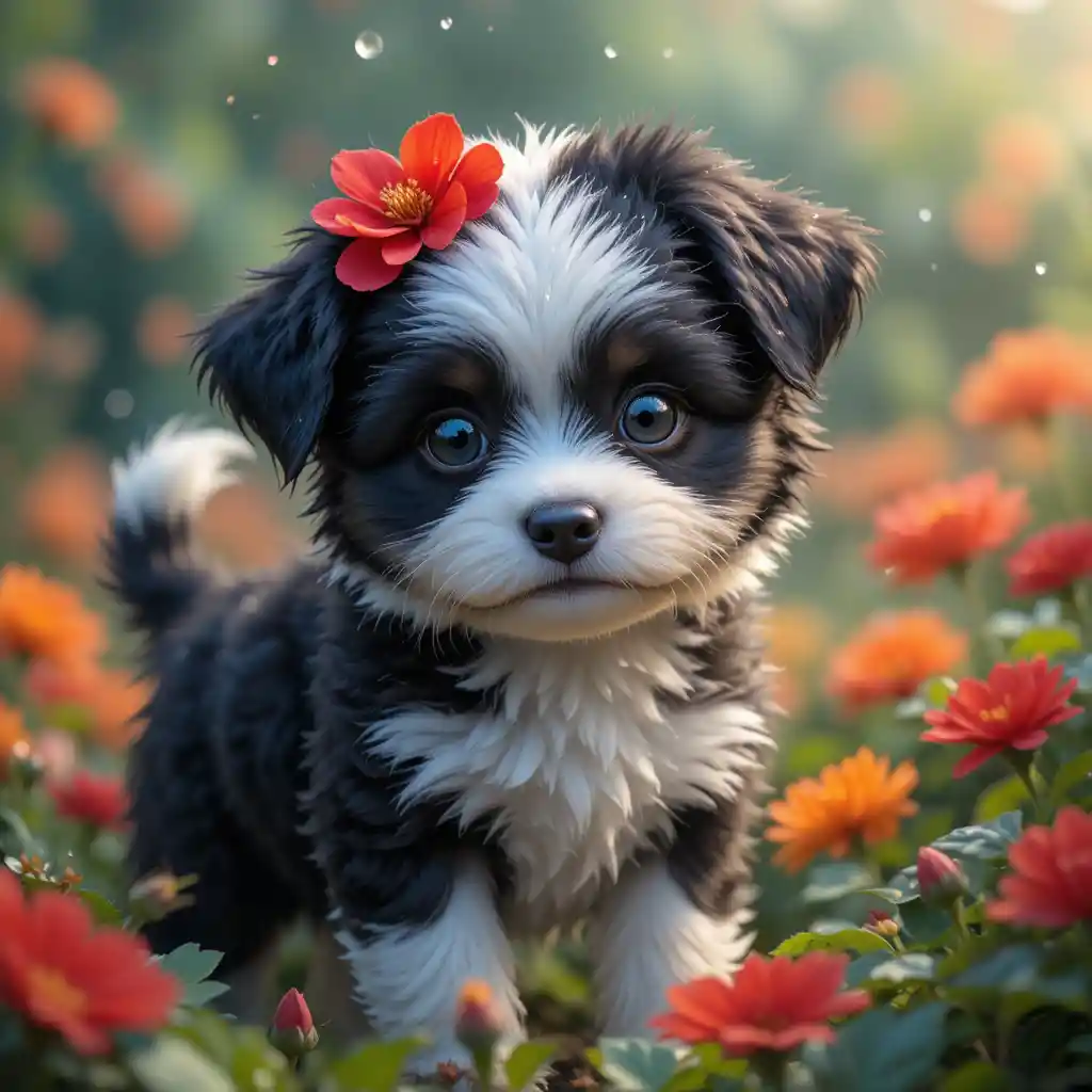 Adorable fluffy puppy in a dreamy flower garden