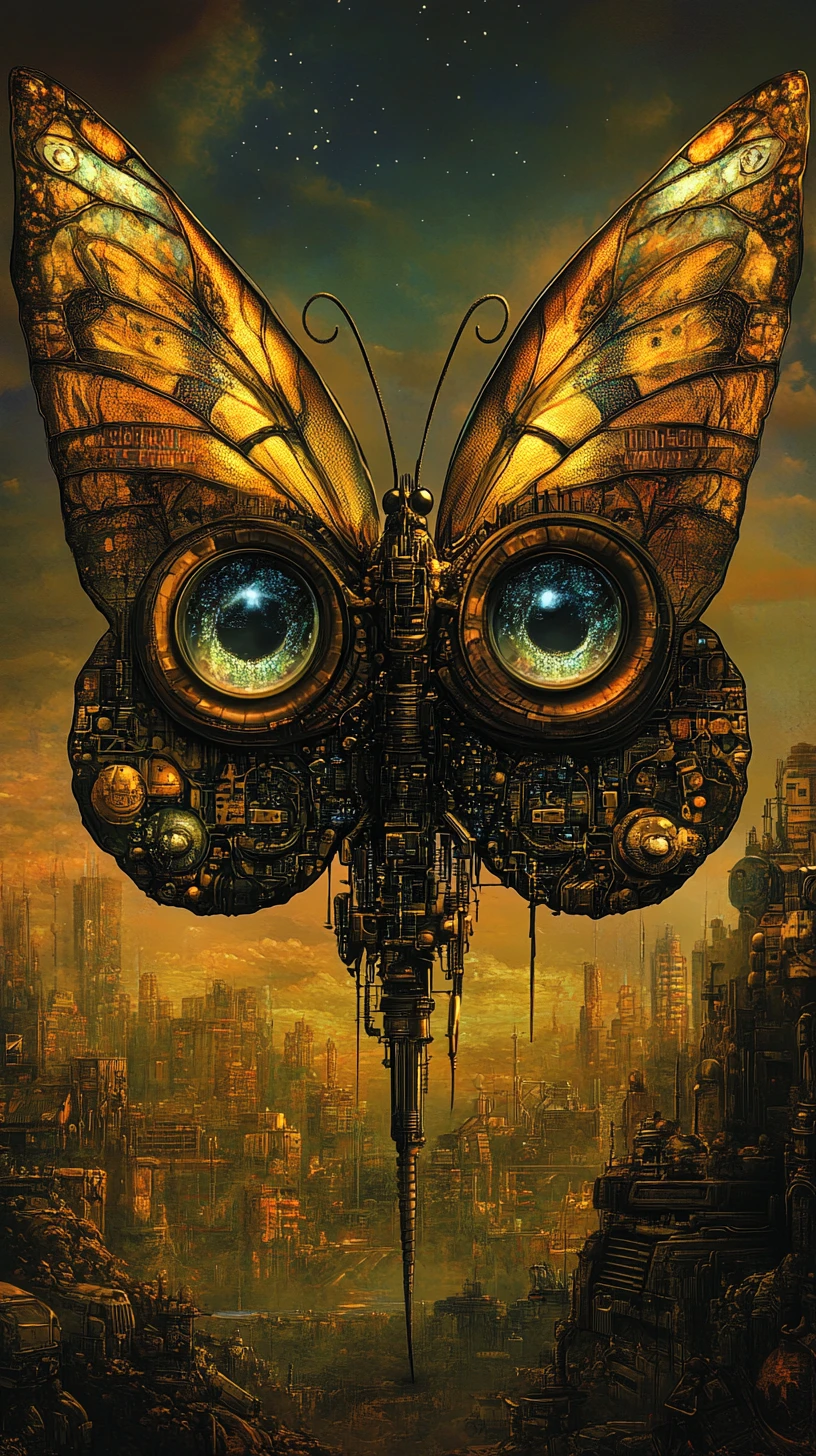 Borboleta distópica elevando-se acima de um horizonte surreal desfocado