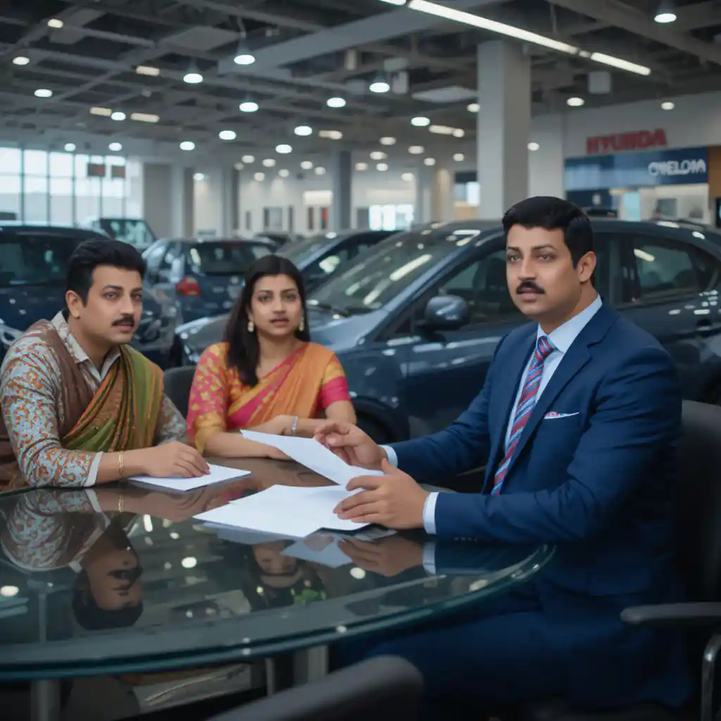 Familia hablando sobre préstamo de auto con gerente en un showroom moderno