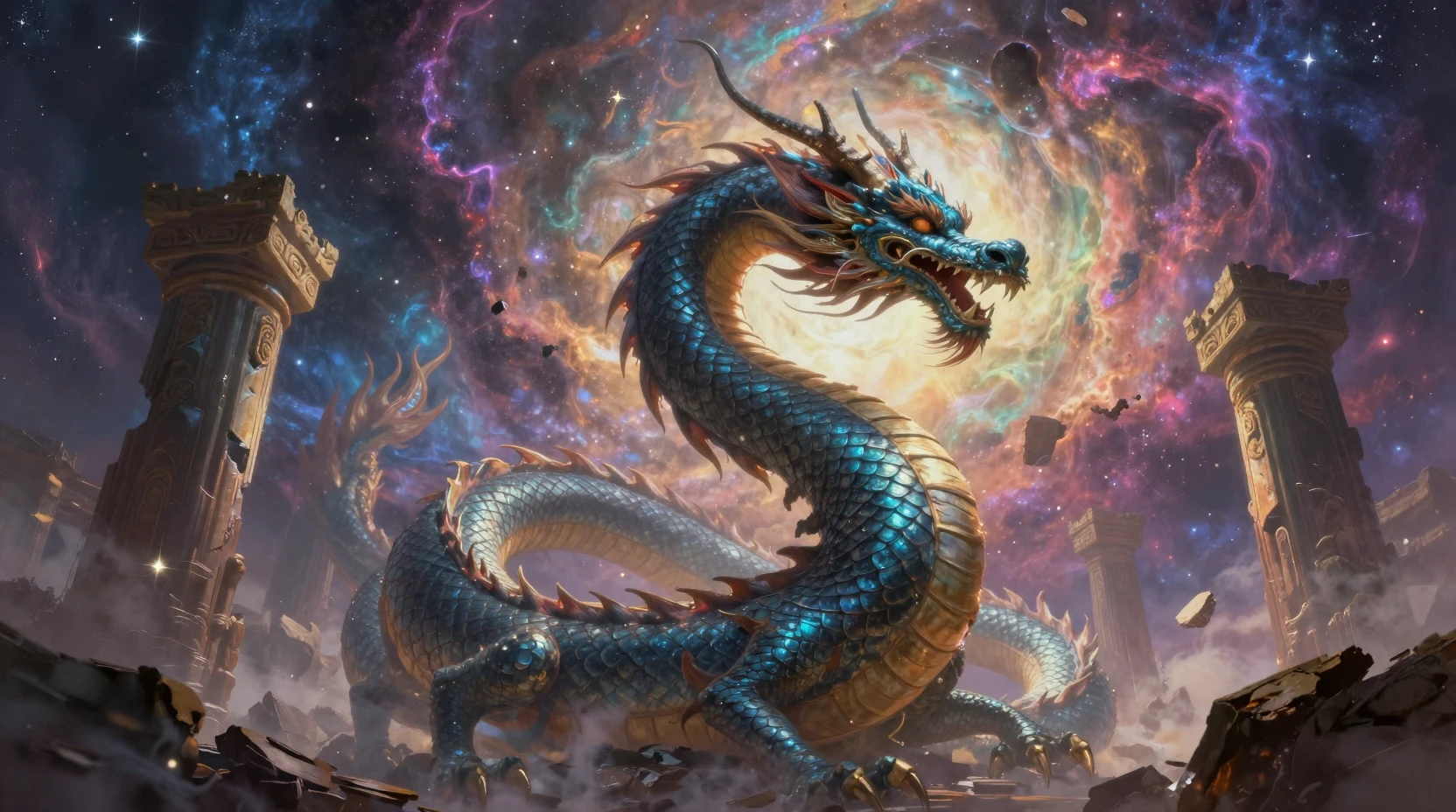 Dragão celestial circulando pilares antigos em um céu cósmico