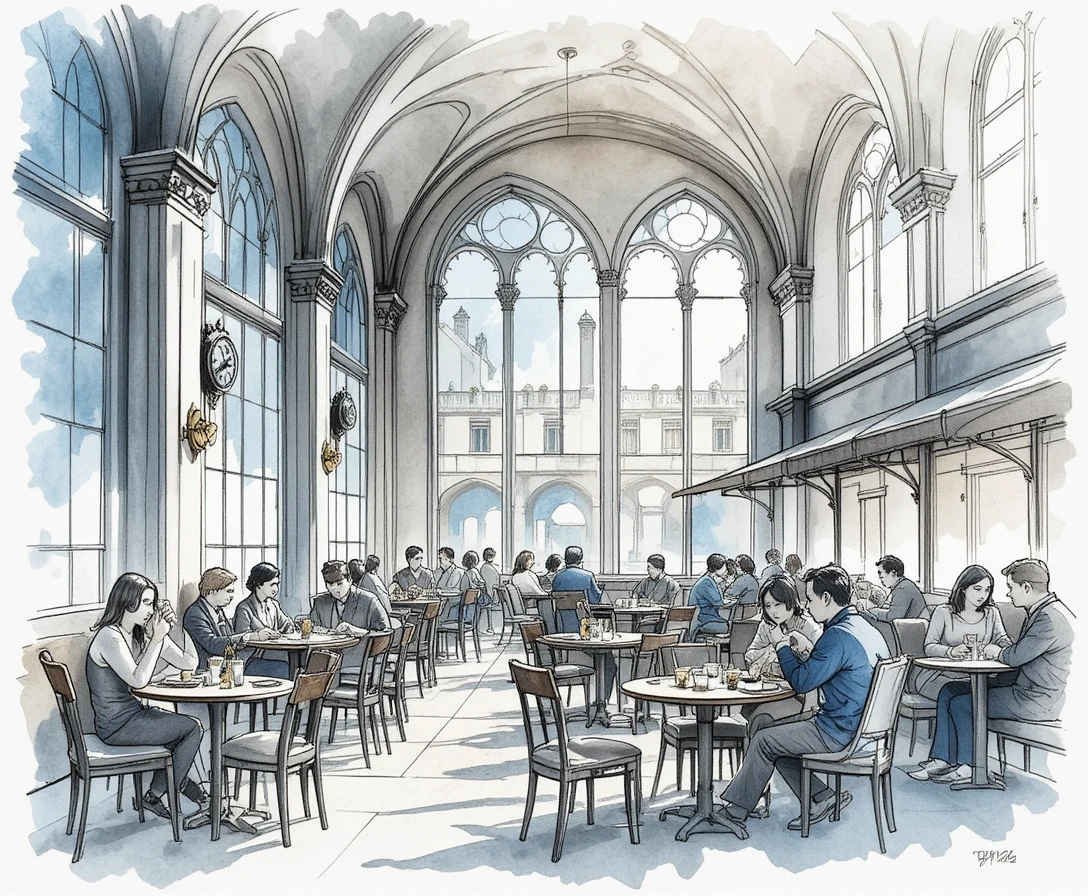 Watercolor cafe interior with people gathered at round tables