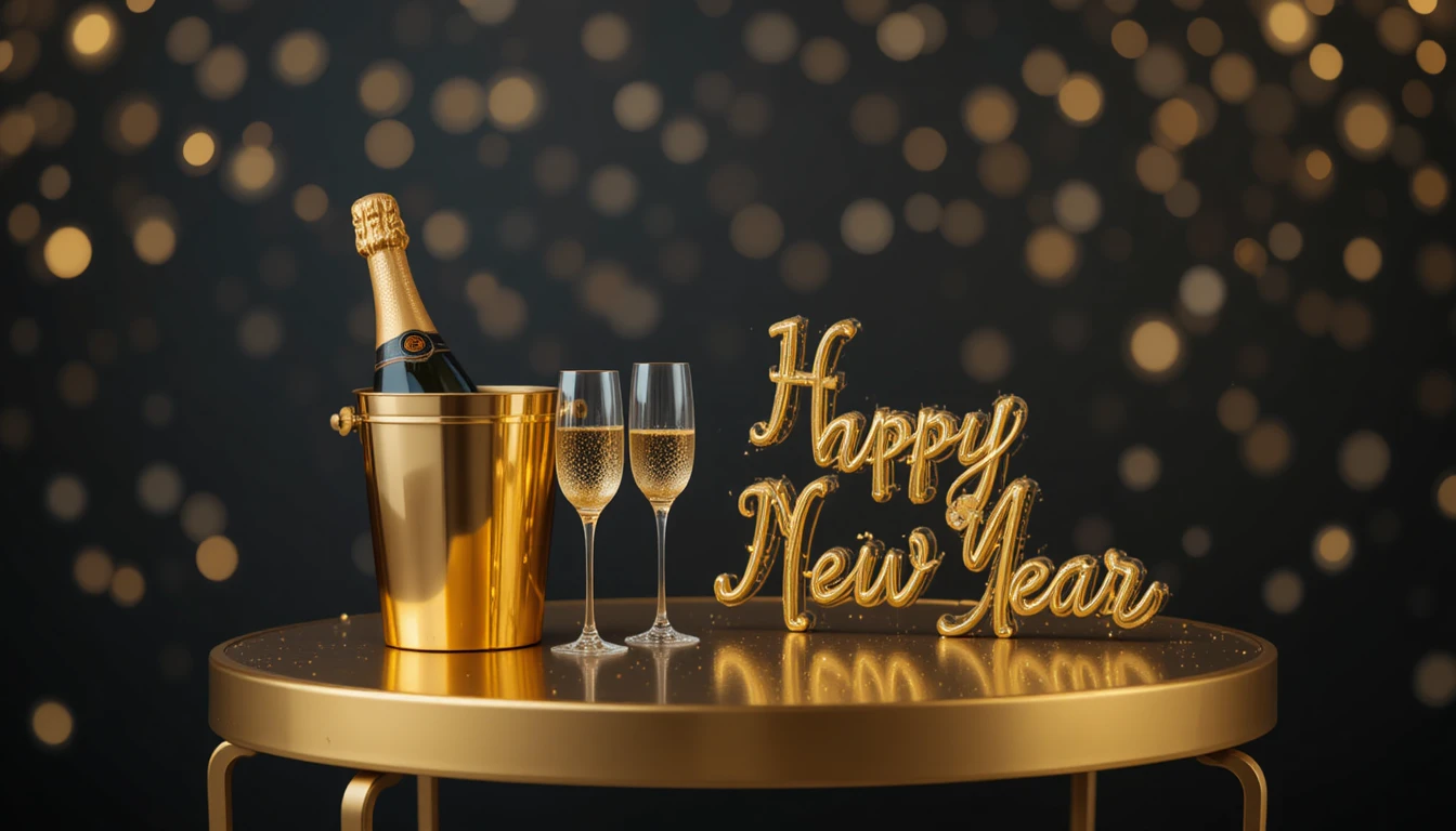 Goldener Champagnertisch mit Happy-New-Year-Schriftzug und Bokeh