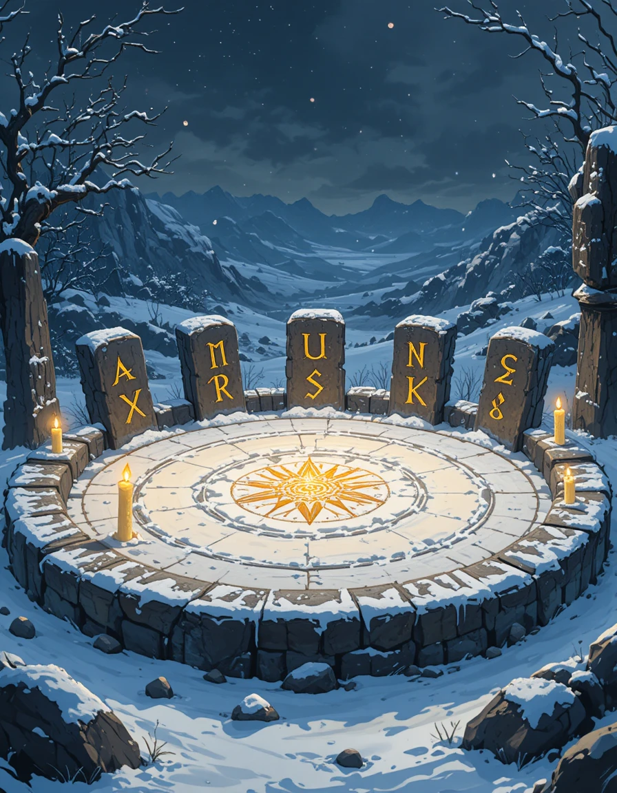 Ancient Stone Circle With Glowing Runes In Winter Night