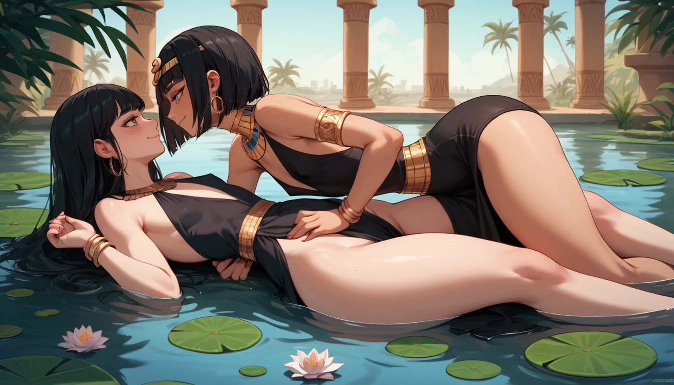 Two anime girls relaxing together in a lily pad pond