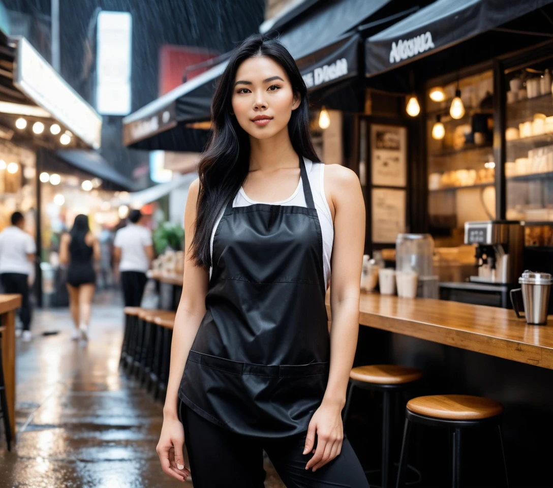 Vietnamese barista woman in sporty outfit at modern cafe