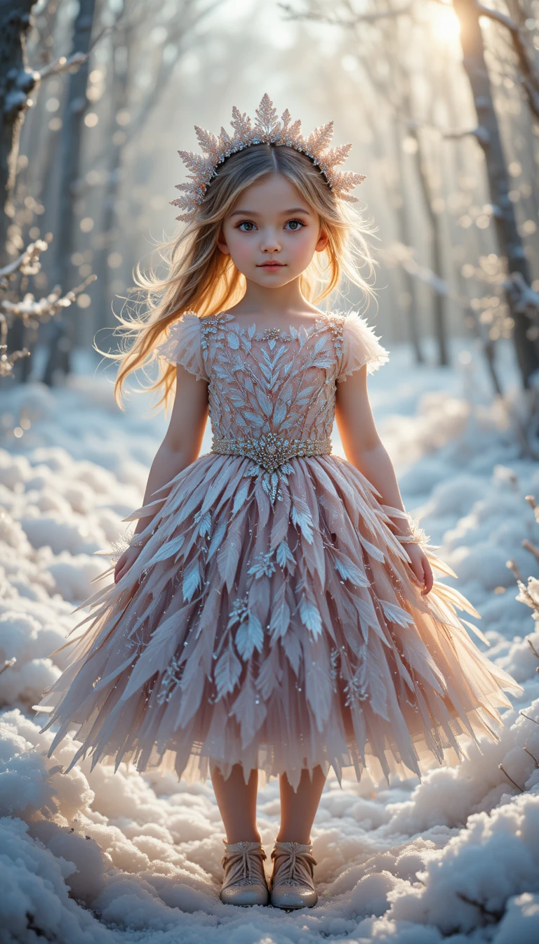 Cute little girl in frost feather dress in icy forest