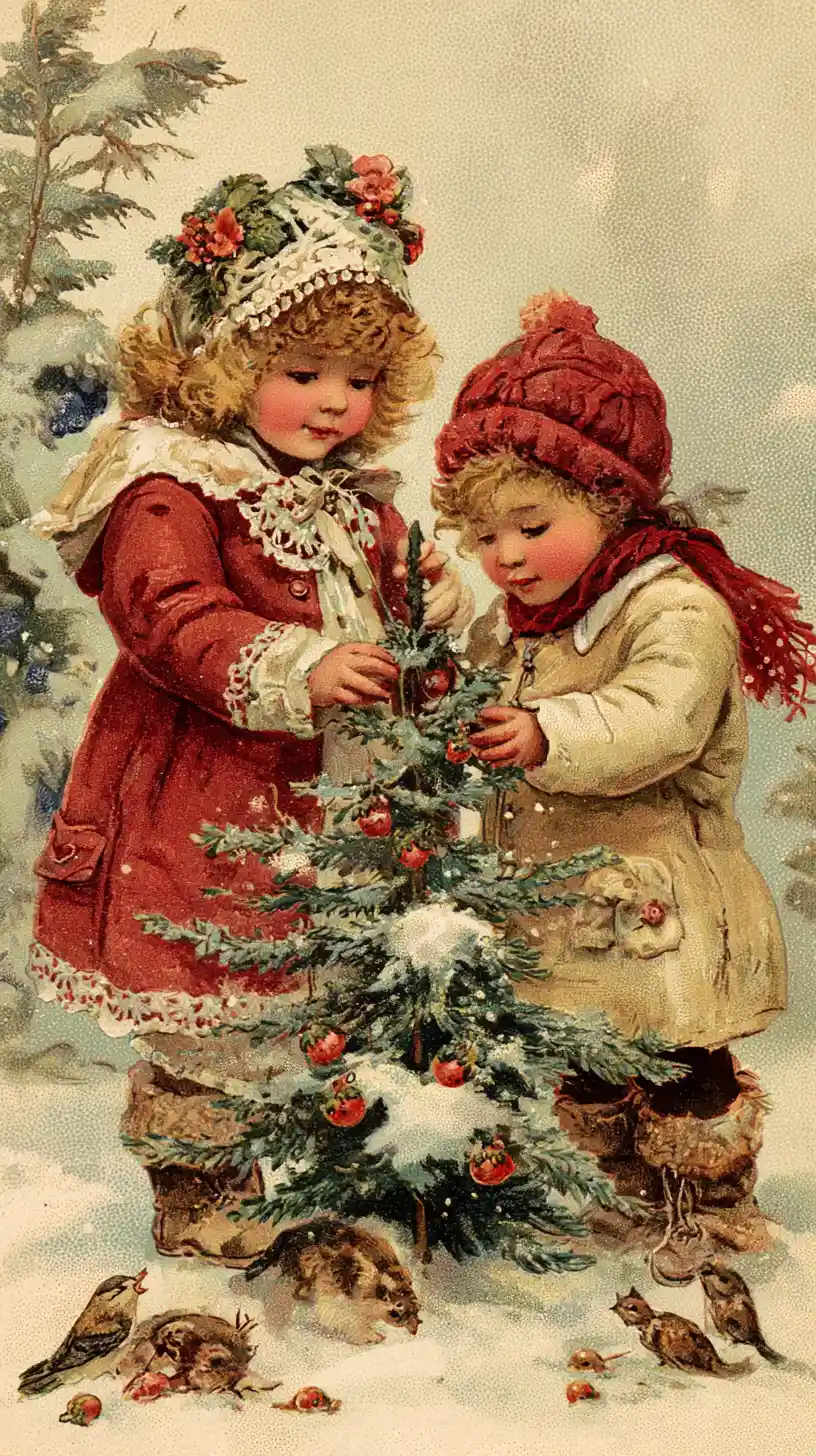 Bambini che decorano un albero di Natale innevato nella foresta invernale