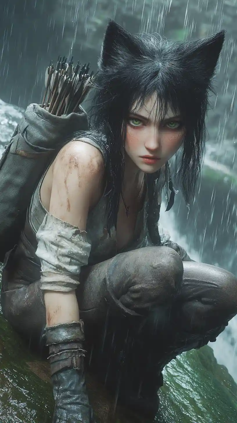 Wolf eared girl clinging to a wet stone waterfall