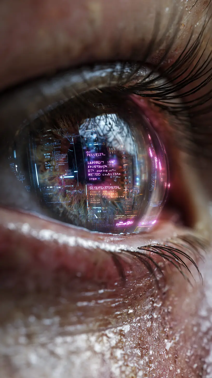 Gros plan macro cyberpunk d’une interface d’œil humain