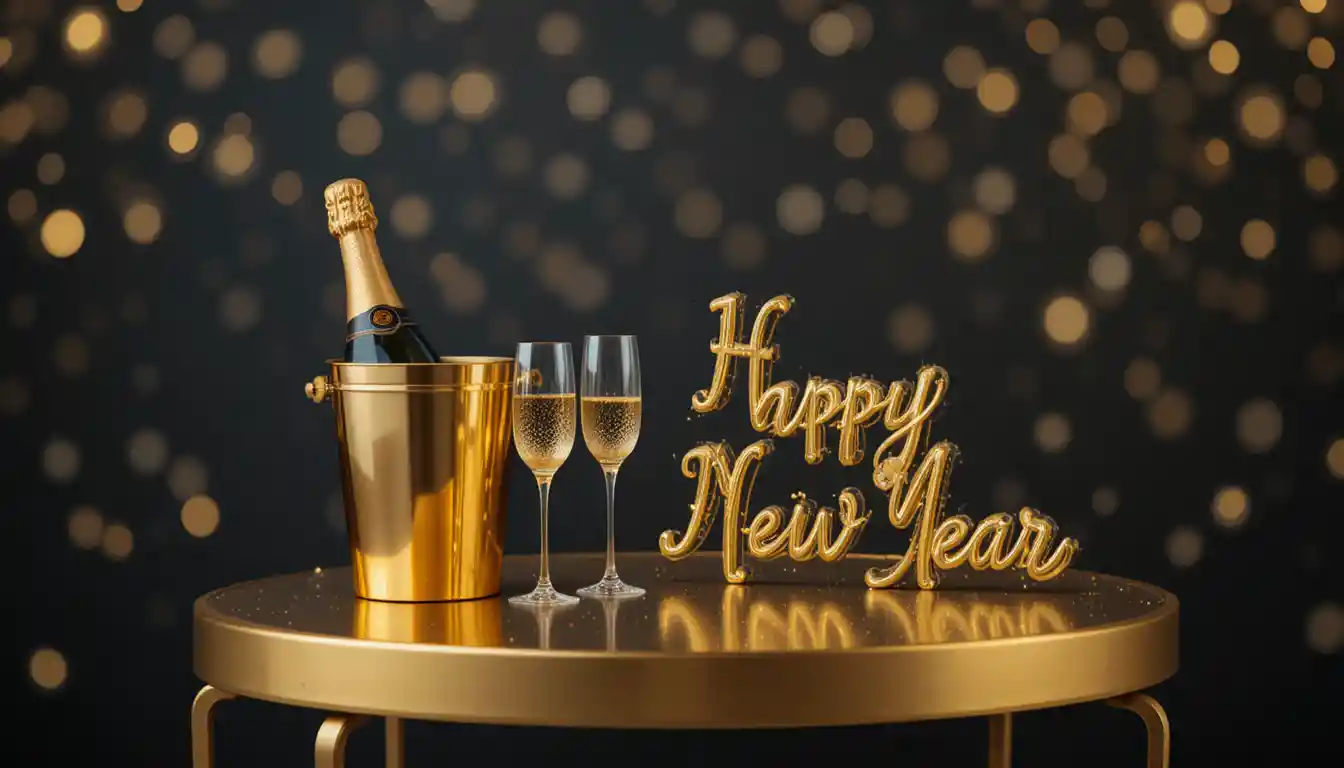 Goldener Champagnertisch mit Happy-New-Year-Schriftzug und Bokeh