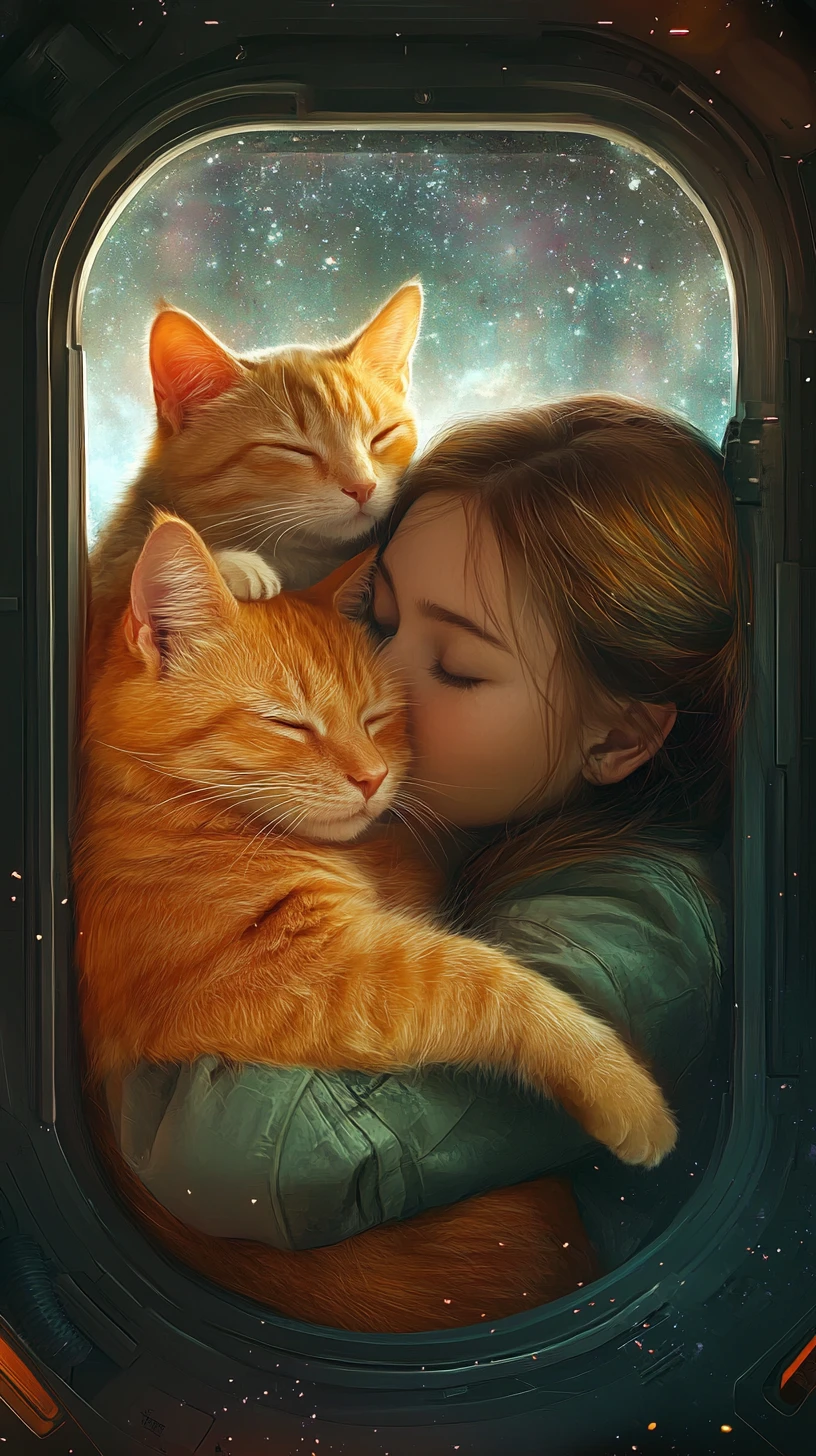 Fille serrant dans ses bras un chat orange mignon à l’intérieur d’un vaisseau spatial