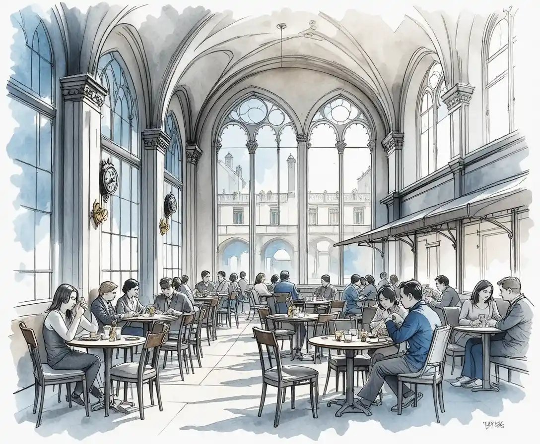 Watercolor cafe interior with people gathered at round tables