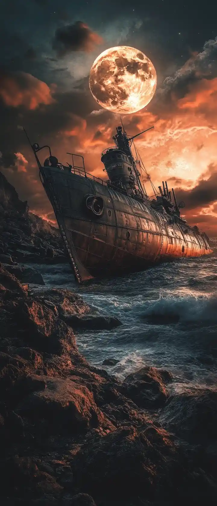 Steampunk Submarine Stranded On A Moonlit Rocky Shore