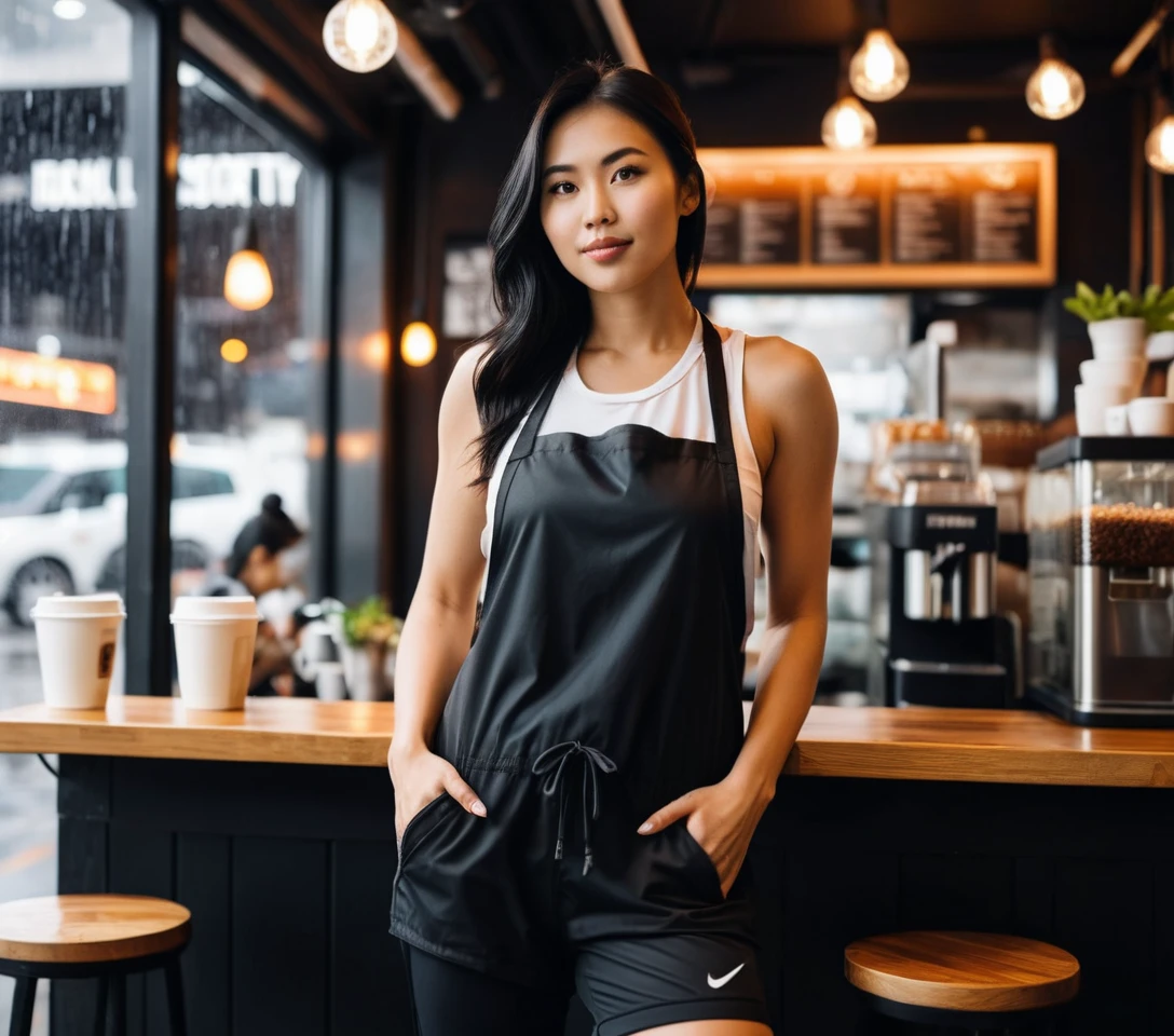Barista vietnamita con grembiule in una caffetteria minimalista