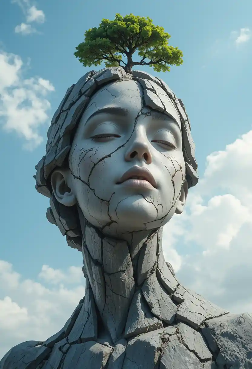 Surreal stone woman head with tree under tranquil sky