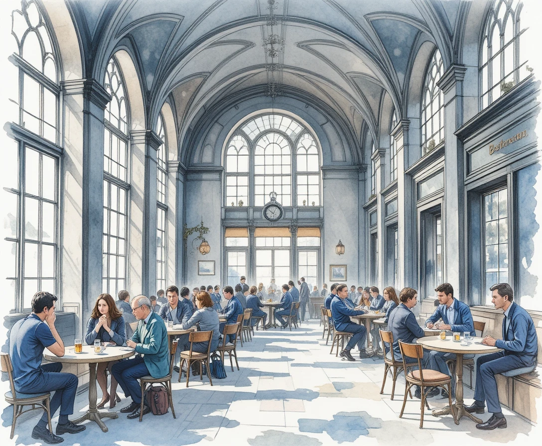 Watercolor cafe interior with people at round tables