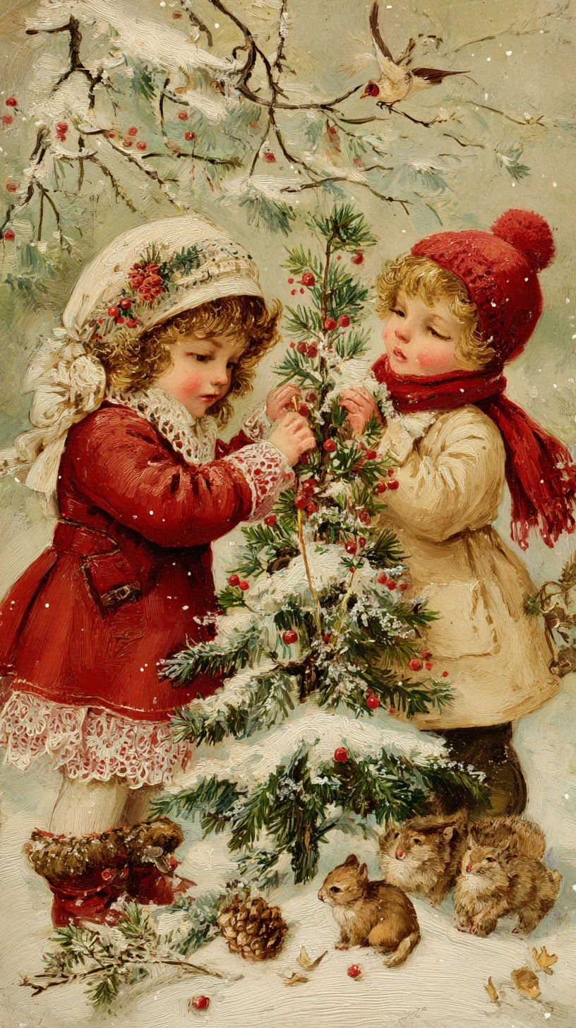 Children Decorating A Snowy Christmas Tree In The Forest