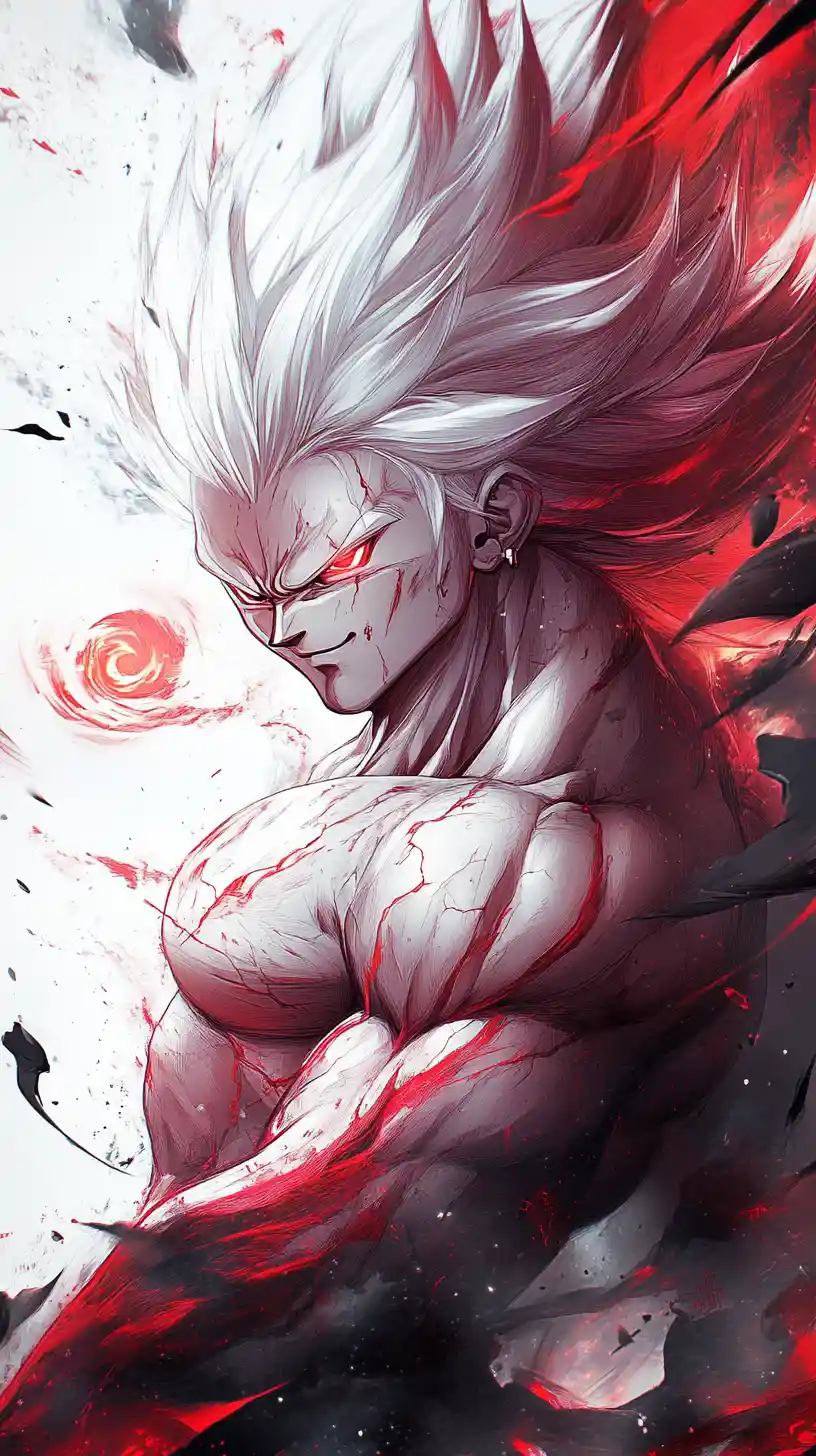 Anime warrior with crimson energy and cracked porcelain skin