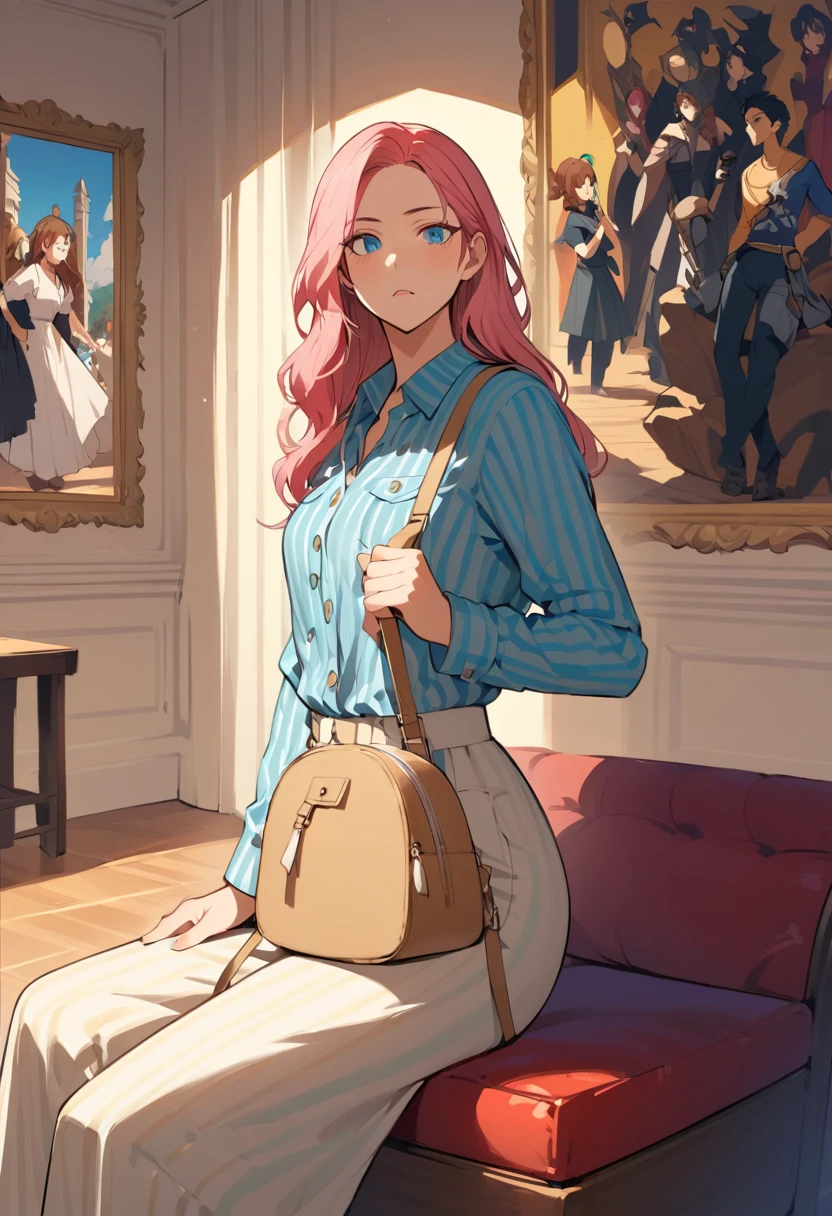 Young woman posing with pink backpack in museum