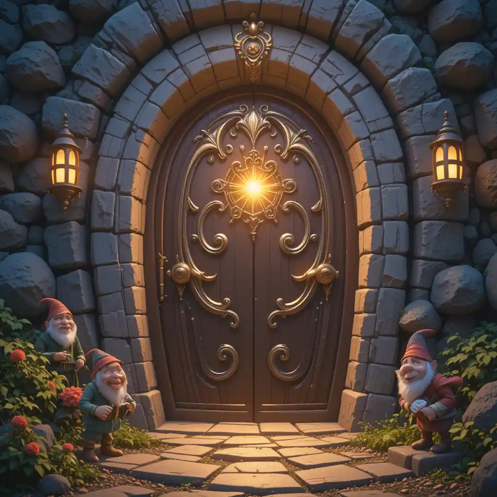 Magical rune door glowing with golden light and happy gnomes