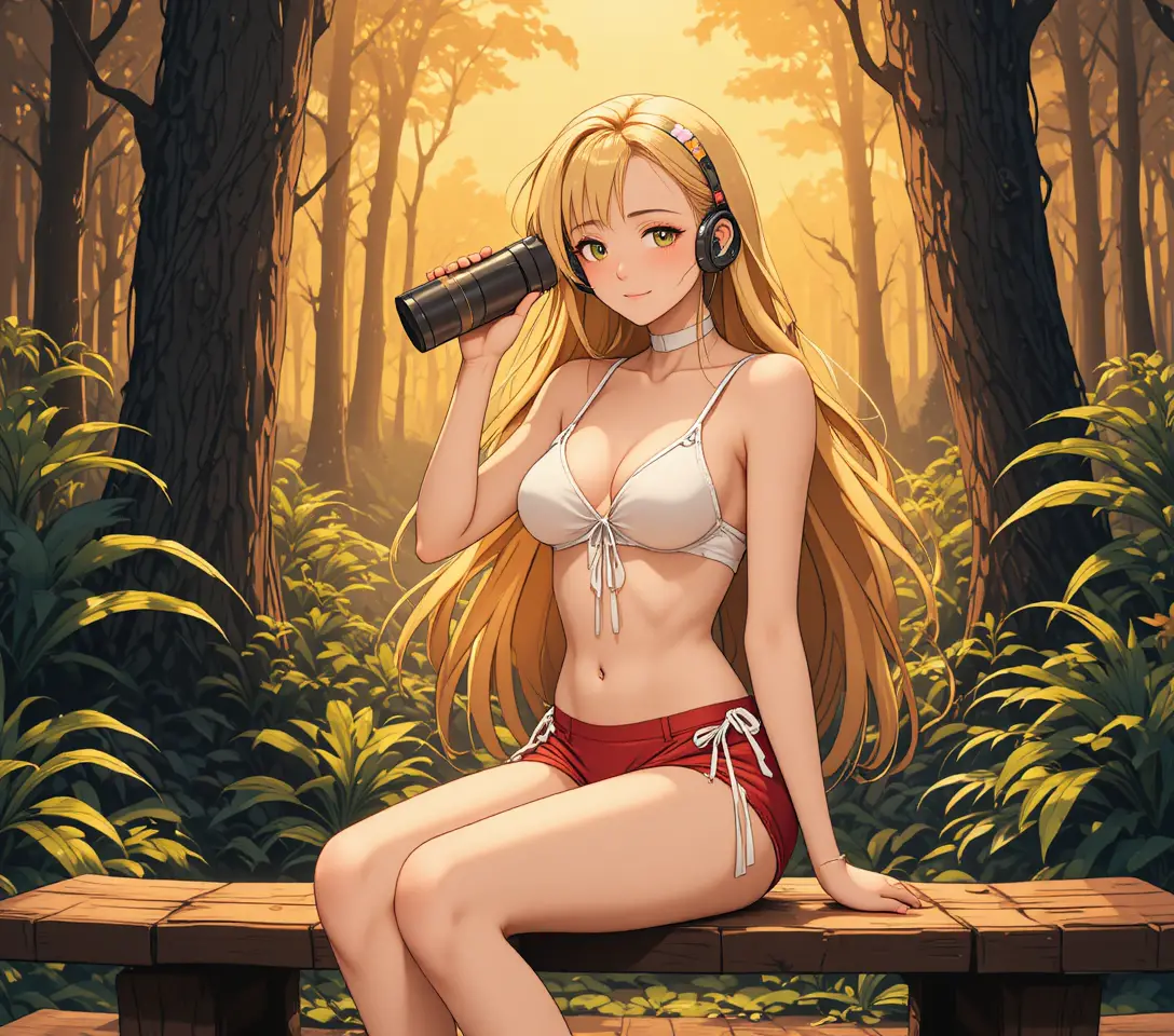 Ragazza anime bionda timida in bikini seduta su panchina di legno