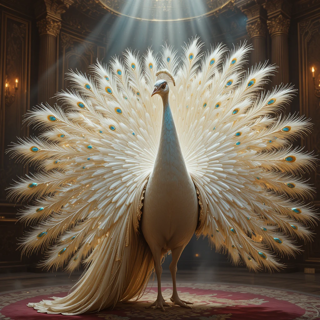 Pavão branco e senhor idoso em suntuoso salão de baile barroco