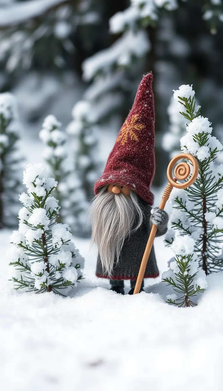 Gnome Standing In Snowy Winter Forest With Wooden Staff