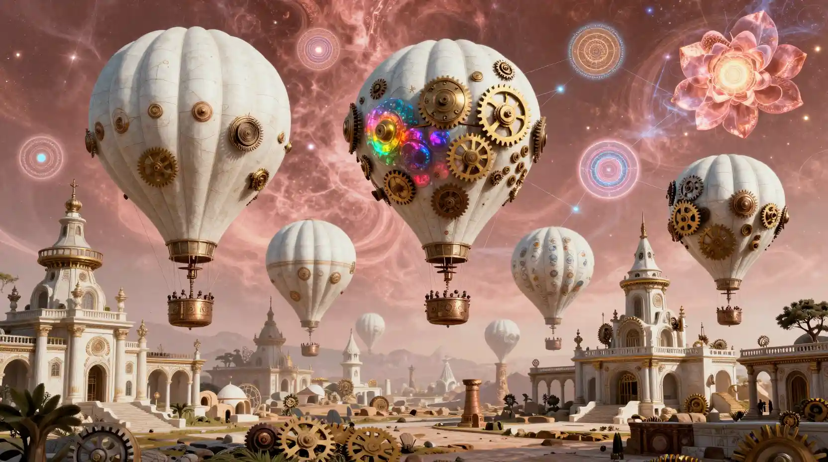 Dirigibili steampunk bianchi sopra le rovine di un'antica città fantasy