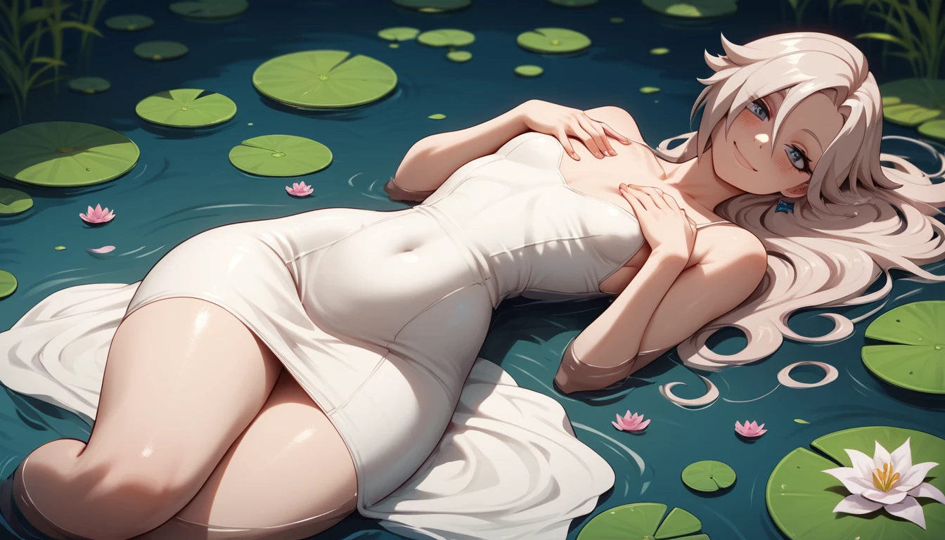 Fille d’anime se reposant dans un étang de nénuphars en robe