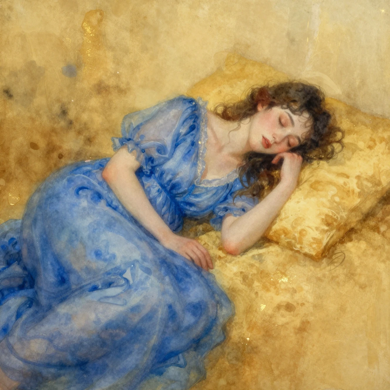 Surreal woman sleeping in azure nightgown against golden backdrop