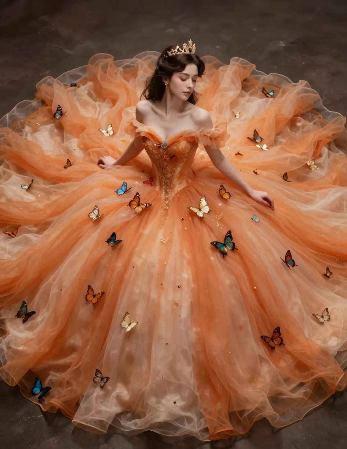 Prinzessin im orangefarbenen Schmetterlings-Ballkleid mit romantischen Details