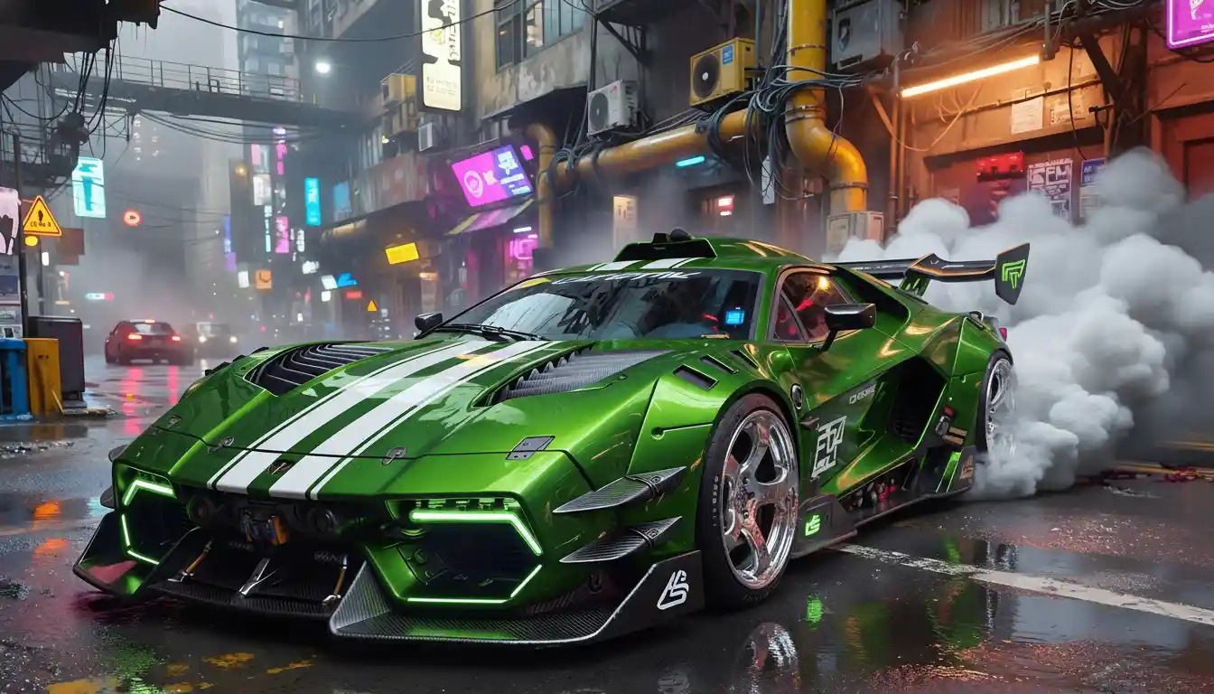Green race car on wet roadway with smoking rear tires
