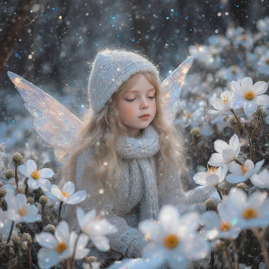 Winterblumen-Fee, sitzend zwischen tiefweißen Blüten