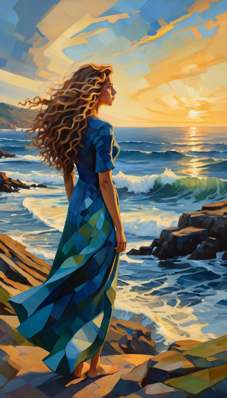 Woman on rocky shore gazing at the ocean at sunset