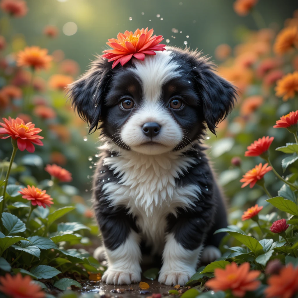 Cute wet puppy in a colorful flower garden
